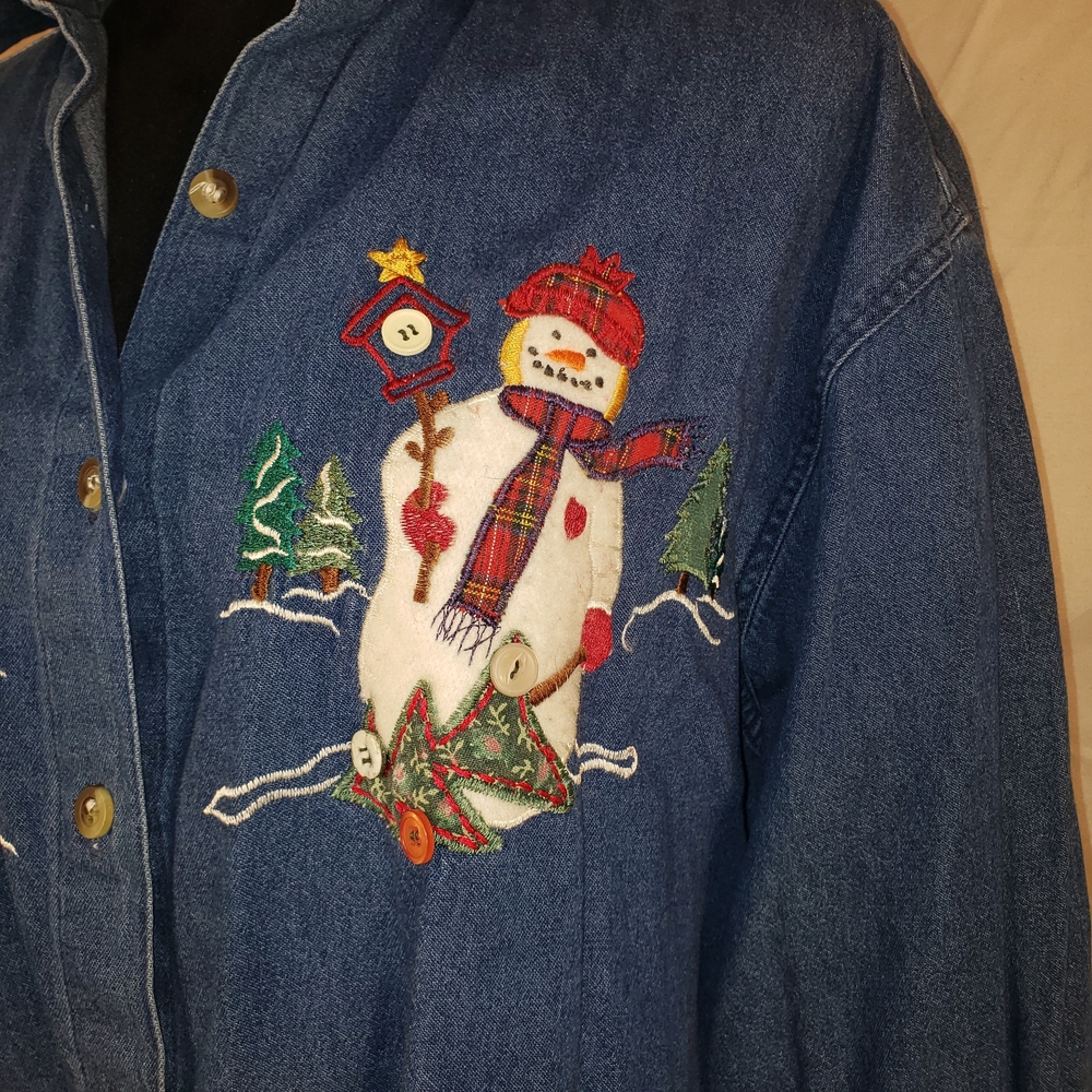 Casey & Max Blue Velvet Collared Denim Holiday Shirt - L - Picture 2 of 9